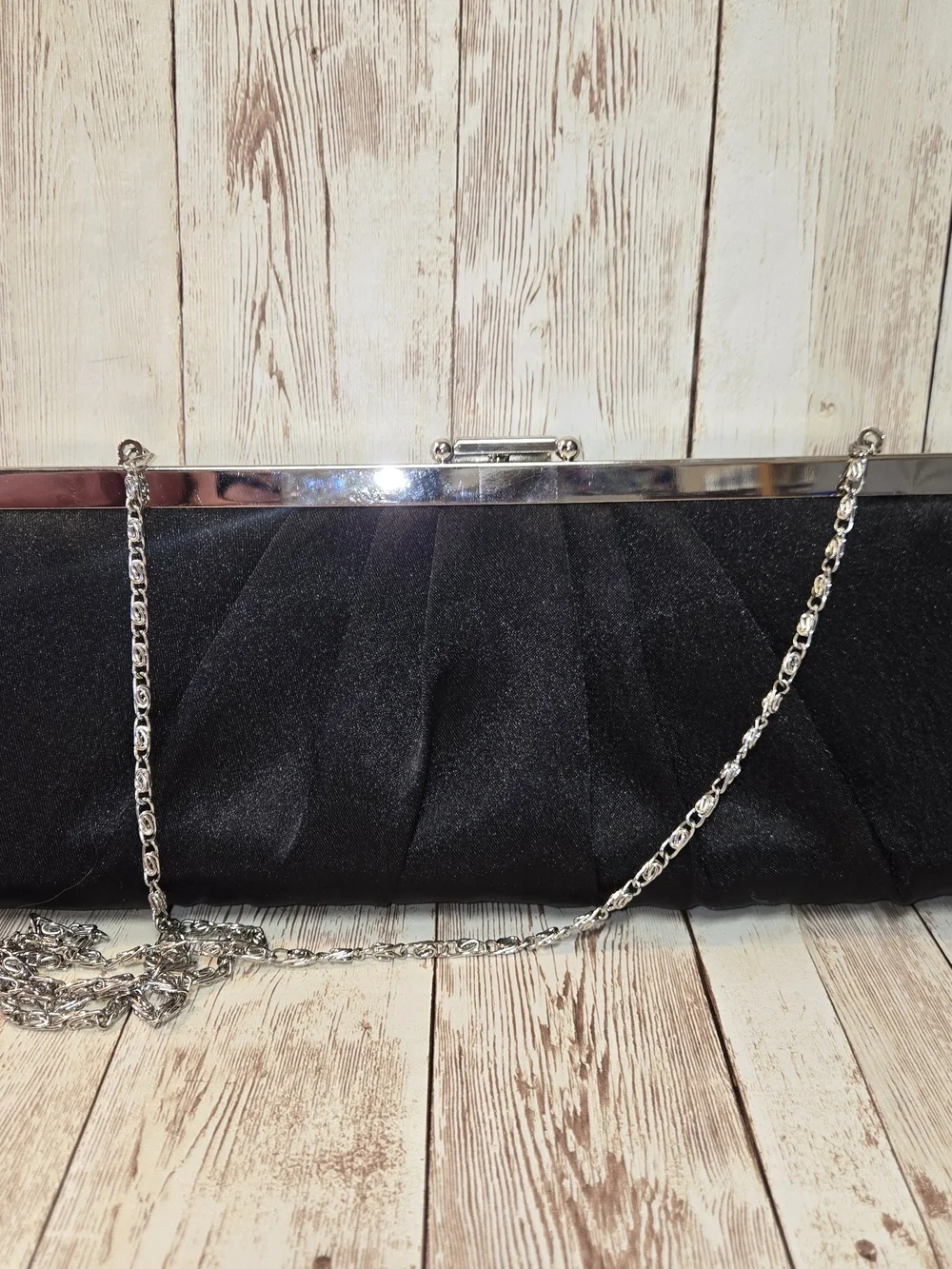 Jessica McClintock Black Satin Clutch Silver Chain Strap Evening Bag